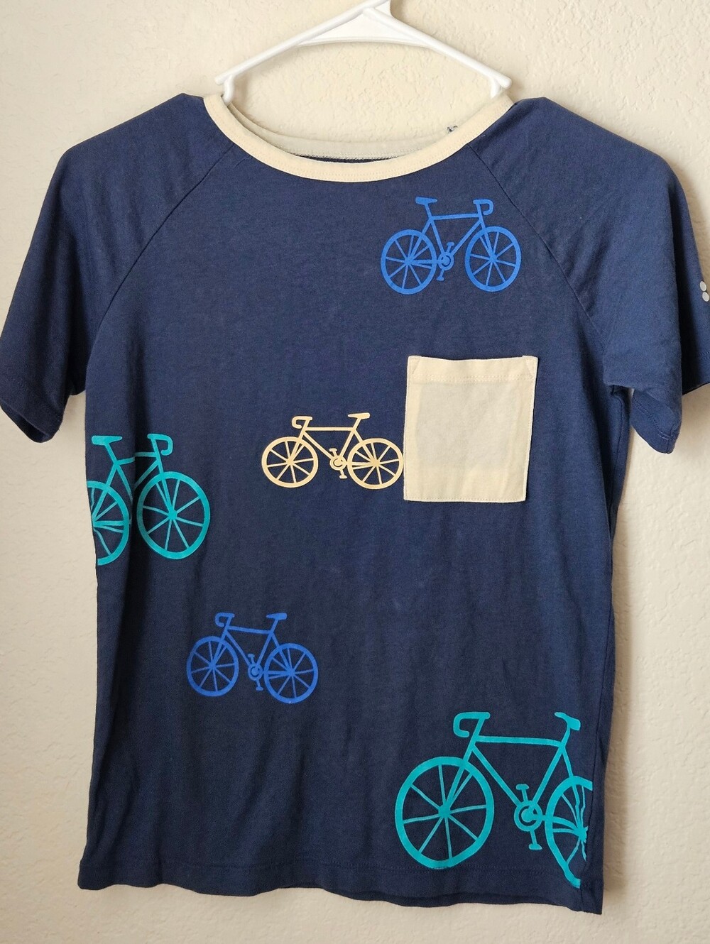 Dot Dot Smile Navy Tee with Cream Pocket and Blue & Teal Bikes
